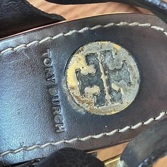 Tory Burch Women Heel Sandal Shoes Dark Brown Leather Upper Wood Heel Size 6 - Picture 10 of 12